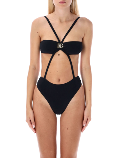 Dolce & Gabbana Bandeau Crisscrossed One Piece Swimsuit In Nero