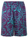 Versace Barocco Silhouette-print Silk Shorts In Teal Plum