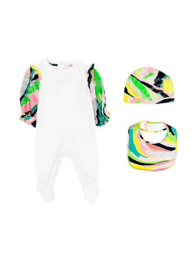 Emilio Pucci Baby Girl Romper, Bib And Cap Set . In Ivory