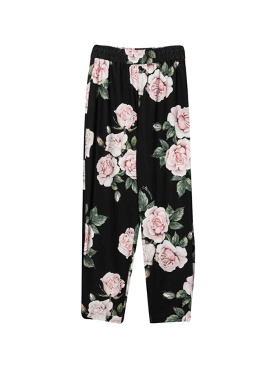 Monnalisa Teen Floral-print Pull-on Trousers In Black