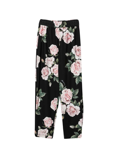 Monnalisa Teen Floral-print Pull-on Trousers In Nero