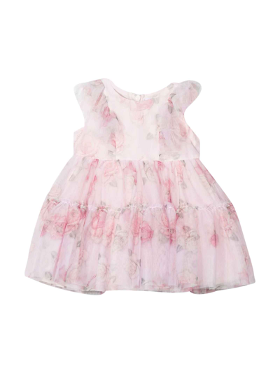 Monnalisa White Dress For Baby Girl With Logos In Rosa