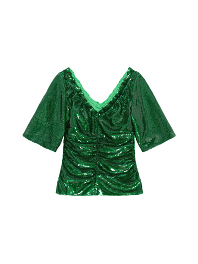 Ganni Short Sleeve Sequinned Blouse In Green