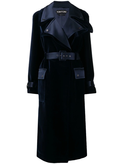 Tom Ford Notched-lapels Belted Coat In Blue