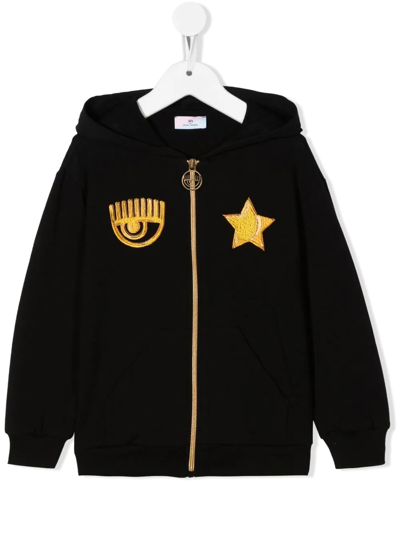 Chiara Ferragni Kids' Logo Patch Zip-up Hoodie In Black