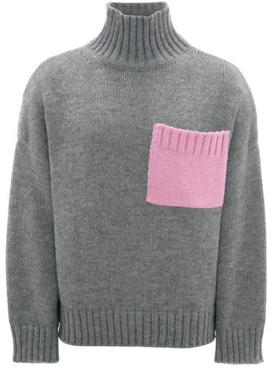 Jw Anderson Oversized Embroidered Two-tone Knitted Turtleneck Sweater In Grey