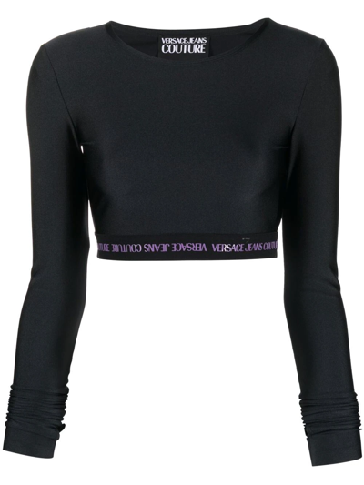 Versace Jeans Couture Long-sleeve Logo Band Crop Top In Black
