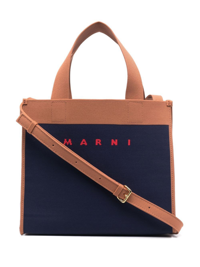 Marni Logo Print Panelled Tote Bag In Blue