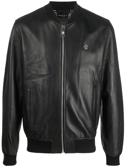 Philipp Plein Logo-patch Leather Bomber Jacket In Black