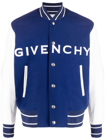 Givenchy Mixed Media Logo Wool Blend Varsity Jacket In White Blue