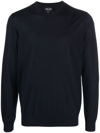 Giorgio Armani Refined Wool Knit Sweater With Round Neckline In Blue