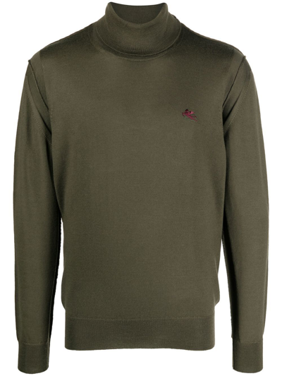 Etro Logo-embroidered Roll-neck Jumper In Green