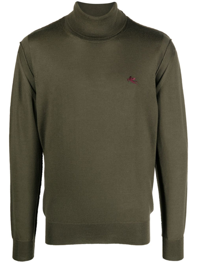 Etro Logo-embroidered Roll-neck Jumper In Verde