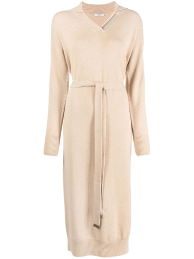 Peserico Belted Long-sleeve Knitted Dress In Neutrals