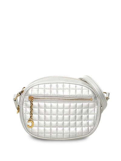 Pre-owned Celine Metallic Quilted Logo Charm Crossbody Bag In Silver