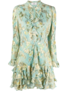 Etro Ruffled Metallic Floral-jacquard Silk-chiffon Mini Dress In Green