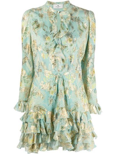 Etro Ruffled Metallic Floral-jacquard Silk-chiffon Mini Dress In Light Blue