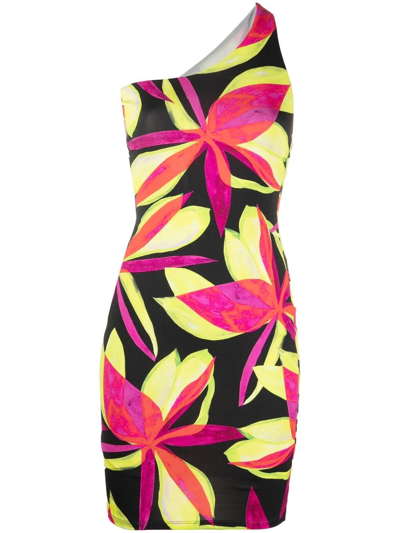 Louisa Ballou One-shoulder Floral-print Stretch-jersey Mini Dress In Electric Pink Flower