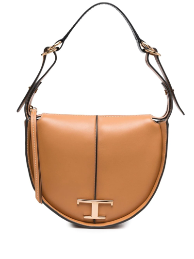 Tod's Small Camel Timeless Handbag In Calf Leather With Gold-colored Logo Plate In Brown