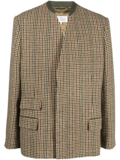 Maison Margiela Concealed Double-breasted Houndstooth Wool Jacket In Brown