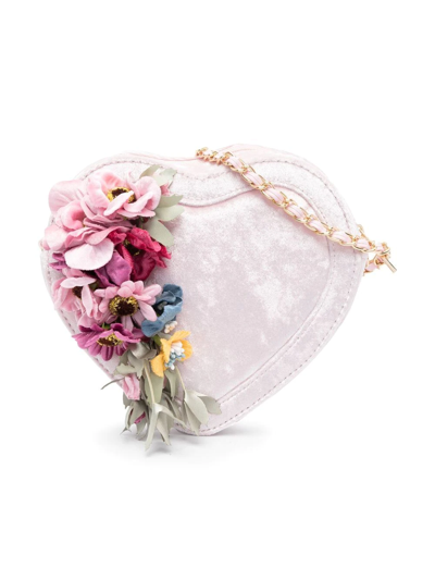 Monnalisa Kids' Floral-appliqué Heart Shoulder Bag In Pink
