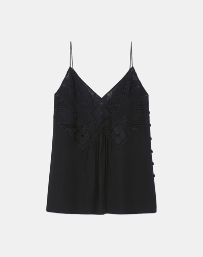 Lafayette 148 Organic Silk Georgette Boheme Lace V-neck Camisole In Black