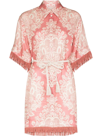 Zimmermann Pink Pattie Fringed Linen Mini Dress In Multi