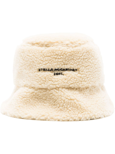 Stella Mccartney Neutral Faux Shearling Logo Bucket Hat In White