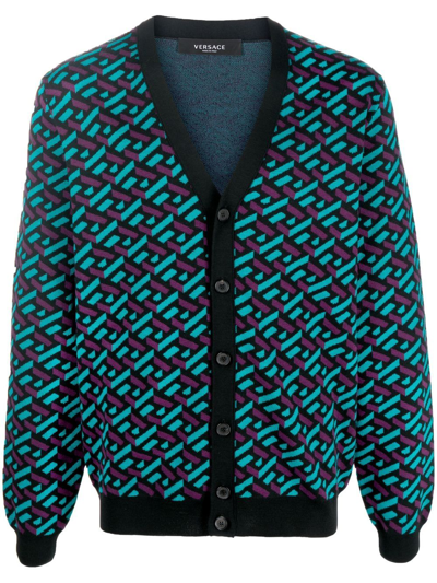 Versace Greca Signature Jacquard Knit Cardigan In Blue