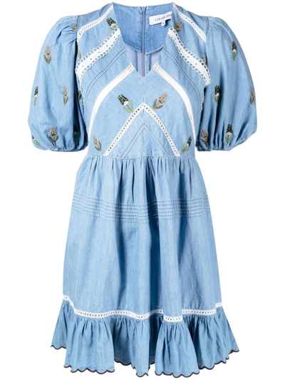 sachin and babi light blue dress Lug Von Siga Emma Ruffled Embroidered Cotton-chambray Mini Dress In Blue