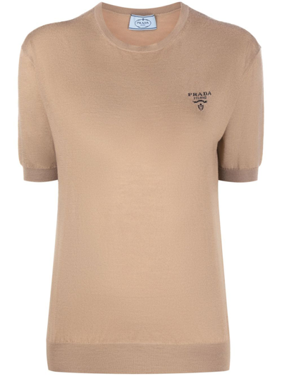 Prada Embroidered-logo Knit Top In Brown