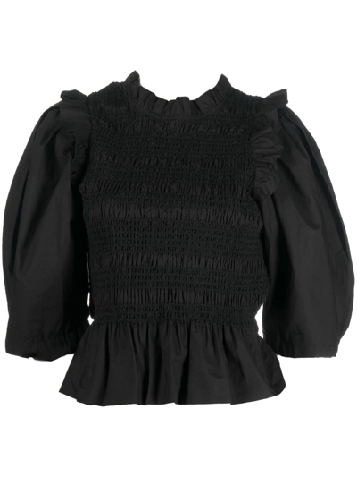 Sea Ruched Puff-sleeve Blouse In Schwarz