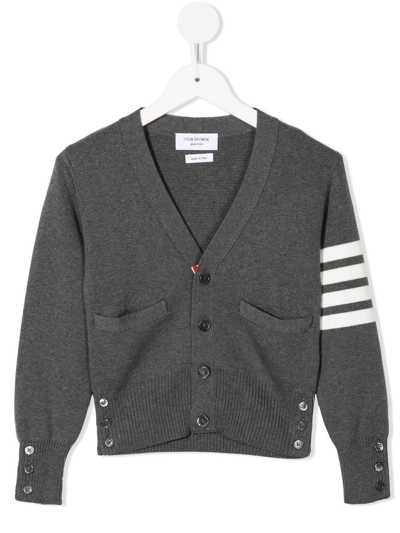 Thom Browne Kids Grey Cashmere 4-bar V-neck Cardigan In Dark Grey 025