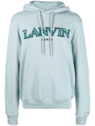 Lanvin Embroidered-logo Pouch-pocket Hoodie In Bluish Grey