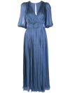 Costarellos Brennie Belted Metallic Plissé-georgette Maxi Dress In Blue