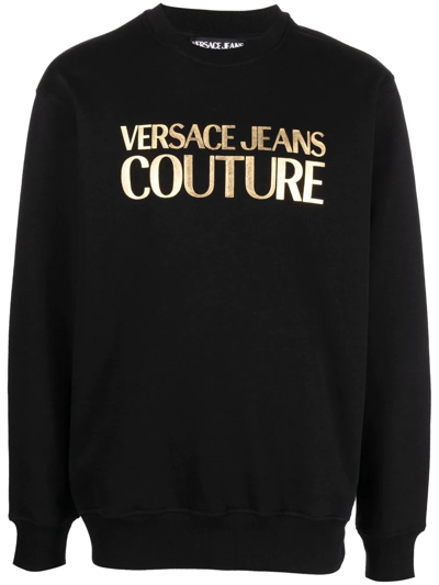 Versace Jeans Couture Thick Foil Black Cotton Sweatshirt And Metallized Logo Print Versae Jeans Couture Man In Neutrals