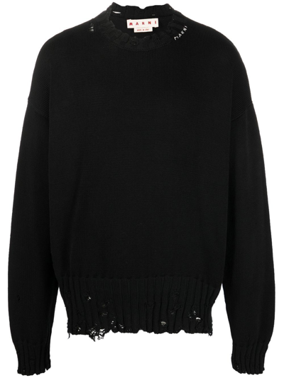 Marni Deconstructed Contrast-stitch Relaxed-fit Cotton Knitted Jumper In Black