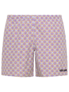 YES I AM WHITE AND PURPLE POLYESTER DOT SWIM TRUNKS