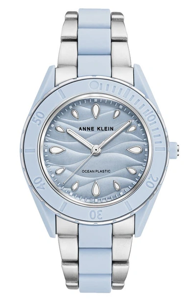 Anne Klein Women's Silver-tone And Light Blue Solar Ocean Work Plastic Bracelet Watch, 38.5mm In Two-tone