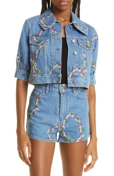 Ganni Organic Floral Embroidered Puffed Sleeve Cropped Denim Jacket In Dark Indigo