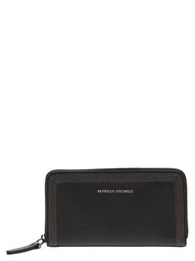 Brunello Cucinelli Polished Calfskin Wallet With Precious Trim In Black