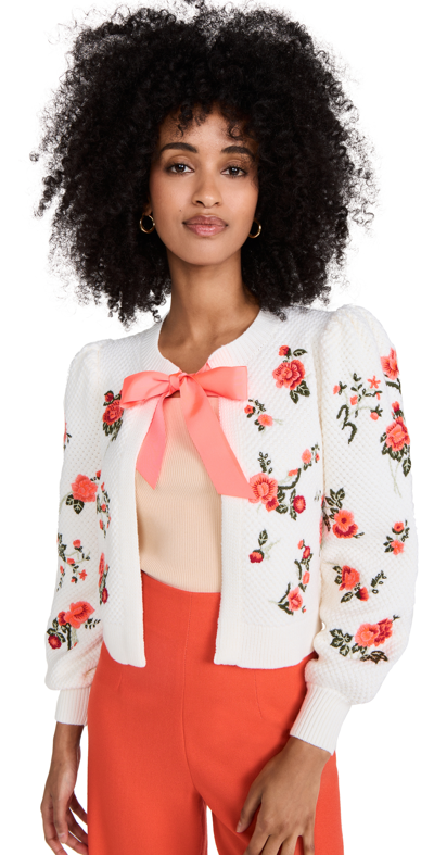 Alice And Olivia Kitty Floral Embroidery Stretch Wool Cardigan In Nocolor
