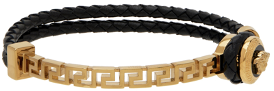 Versace Gold-tone Greek Key Rope Leather Bracelet