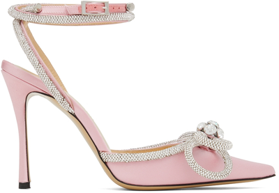 Mach & Mach Double Bow Crystal-embellished Satin Heeled Sandals In Pink