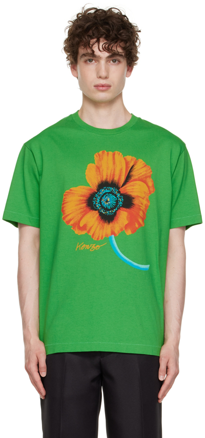 Kenzo Black T-shirt In Cotton With Poppy Print Man In Grass Green