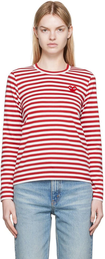 Comme Des Garçons Play White & Red Heart Patch Long Sleeve T-shirt In Red/white