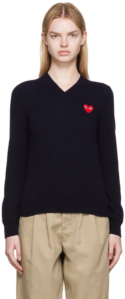 Comme Des Garçons Play Navy Heart Sweater In Multi