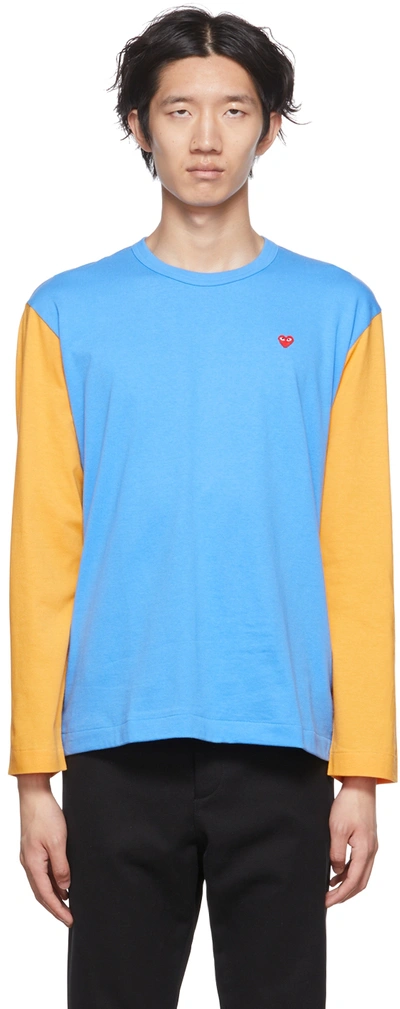Comme Des Garçons Play Blue & Yellow Heart Long Sleeve T-shirt In Blue/yellow