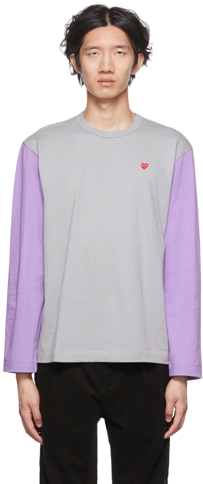 Comme Des Garçons Play Grey & Purple Heart Long Sleeve T-shirt