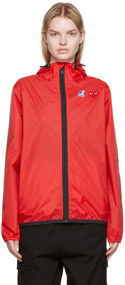 Comme Des Garçons Play Waterproof Hooded K-way Nylon Jacket In Red